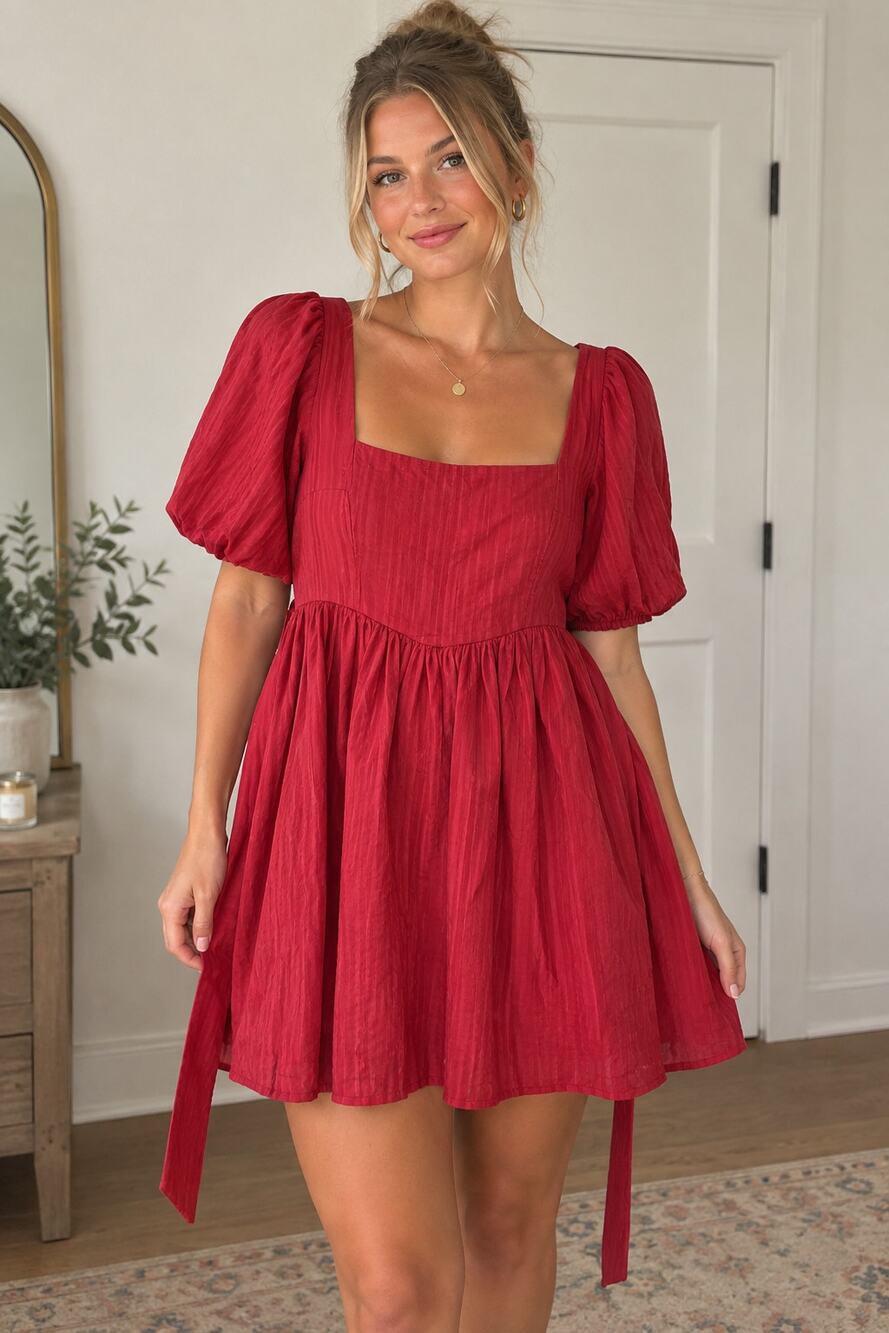POLAGRAM Boutique Burgandy Puff Sleeve short Mini dress NWT